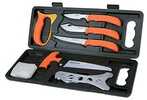 This complete 8-piece field-to-freezer game processing set with hard-side carry case includes a caping knife gut-hook skinner boning/fillet knife wood/bone saw ribcage spreader game cleaning gloves an...